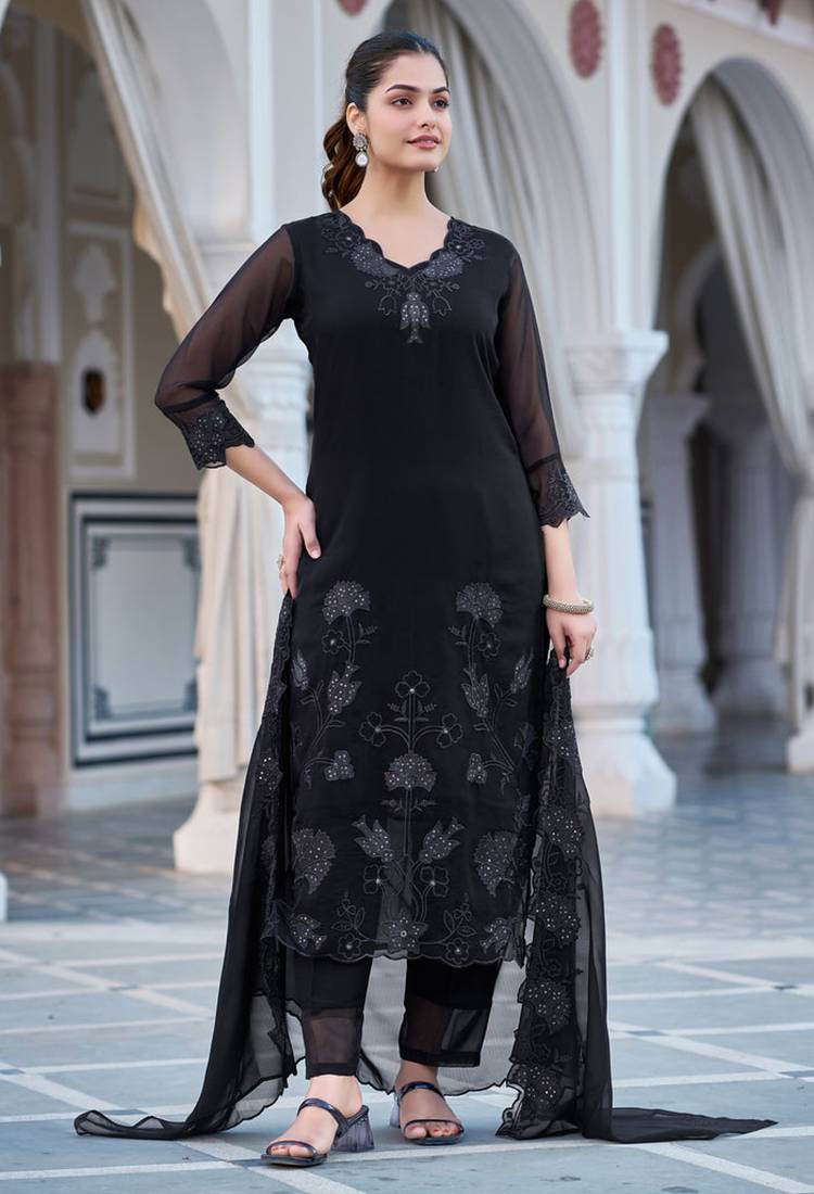 Women's black georgette sequin embroidered kurta pant set with georgette dupatta
