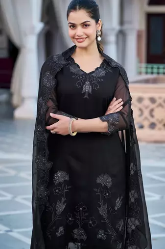 Women's black georgette sequin embroidered kurta pant set with georgette dupatta