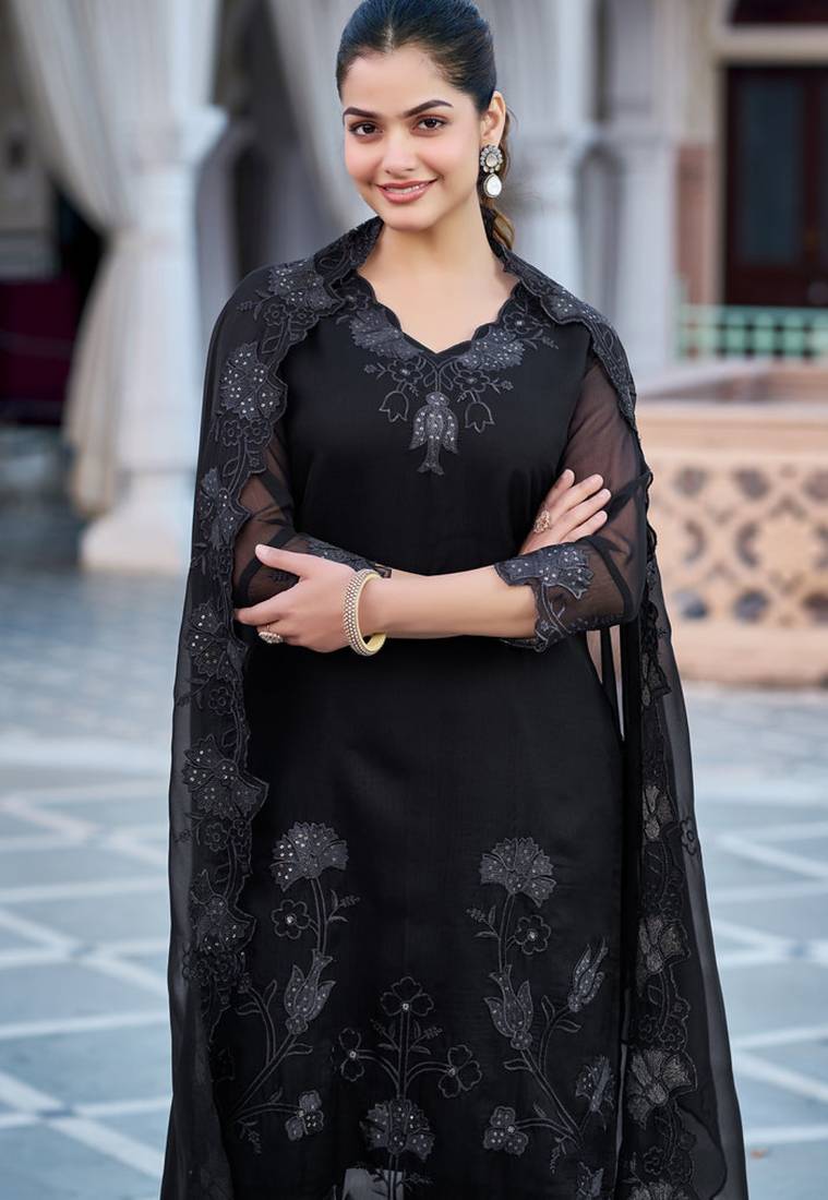 Women's black georgette sequin embroidered kurta pant set with georgette dupatta