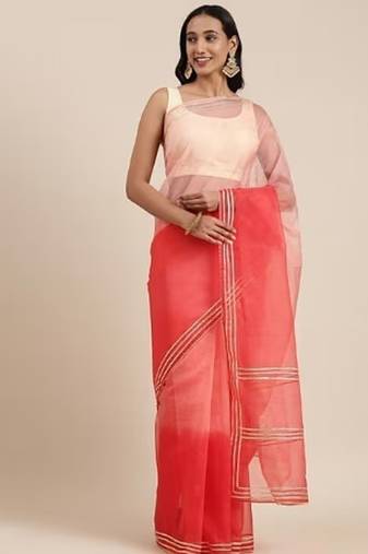 Peach Hand Dyed Lace Work Organza Saree