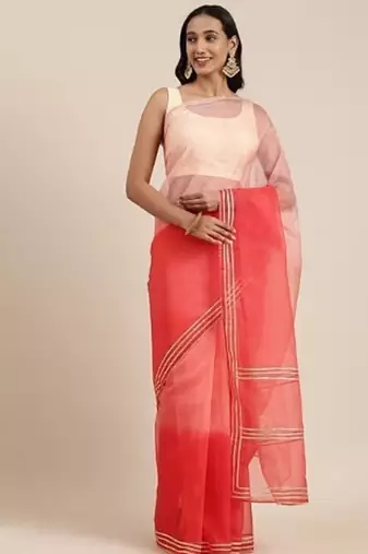 Peach Hand Dyed Lace Work Organza Saree