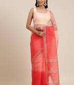 Peach Hand Dyed Lace Work Organza Saree