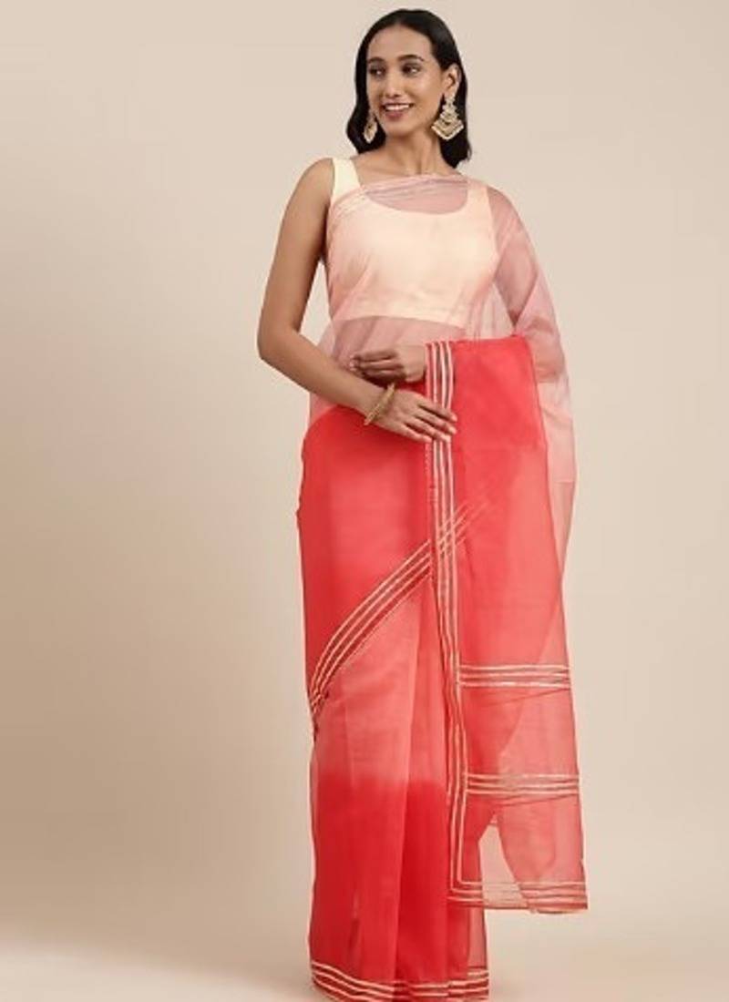 Peach Hand Dyed Lace Work Organza Saree
