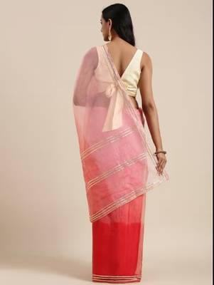 peach organza lace work saree party wear 2