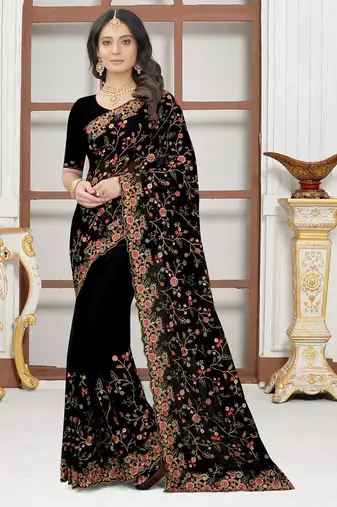 Black sequin zari resham embroidered work georgette designer saree for women