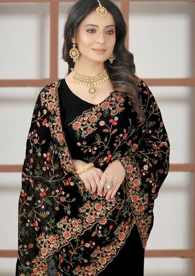 Black sequin zari resham embroidered work georgette designer saree for women 2