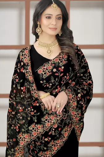 Black sequin zari resham embroidered work georgette designer saree for women