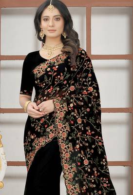 Black sequin zari resham embroidered work georgette designer saree for women 3