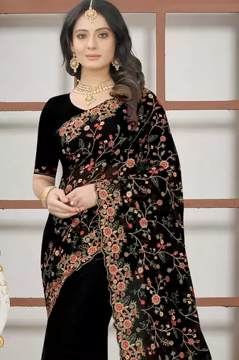 Black sequin zari resham embroidered work georgette designer saree for women