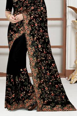 Black sequin zari resham embroidered work georgette designer saree for women 4