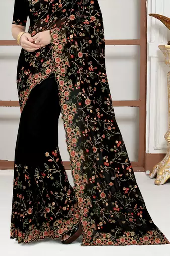 Black sequin zari resham embroidered work georgette designer saree for women
