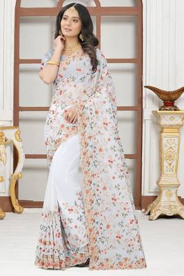White sequin zari resham embroidered work georgette designer saree for women 1
