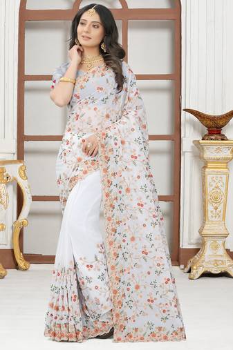 White sequin zari resham embroidered work georgette designer saree for women