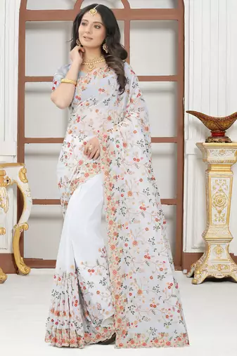 White sequin zari resham embroidered work georgette designer saree for women