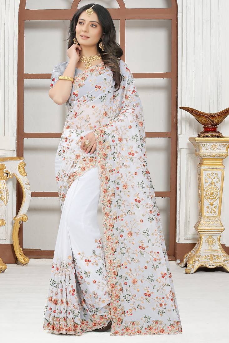 White sequin zari resham embroidered work georgette designer saree for women