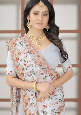 White sequin zari resham embroidered work georgette designer saree for women 2