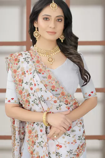 White sequin zari resham embroidered work georgette designer saree for women