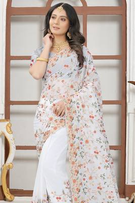 White sequin zari resham embroidered work georgette designer saree for women 3