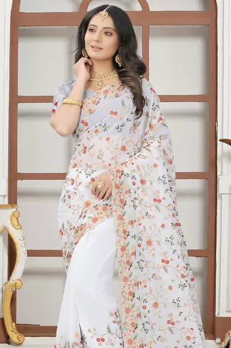 White sequin zari resham embroidered work georgette designer saree for women