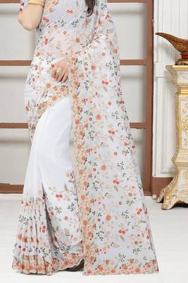 White sequin zari resham embroidered work georgette designer saree for women 4
