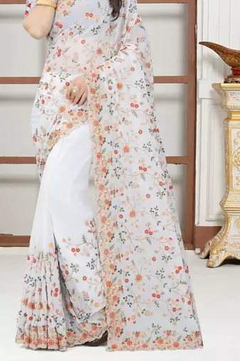 White sequin zari resham embroidered work georgette designer saree for women
