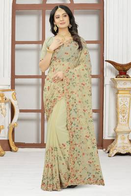 Beige sequin zari resham embroidered work georgette designer saree for women 1