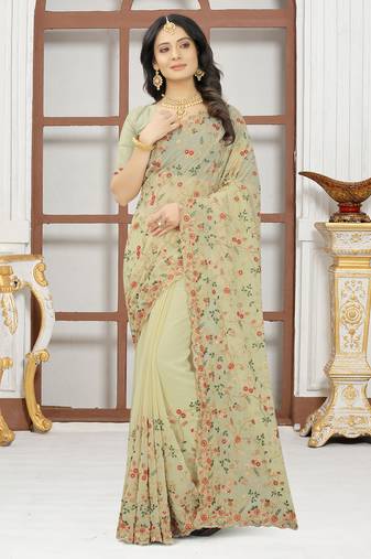 Beige sequin zari resham embroidered work georgette designer saree for women