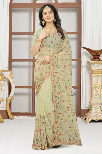 Beige sequin zari resham embroidered work georgette designer saree for women