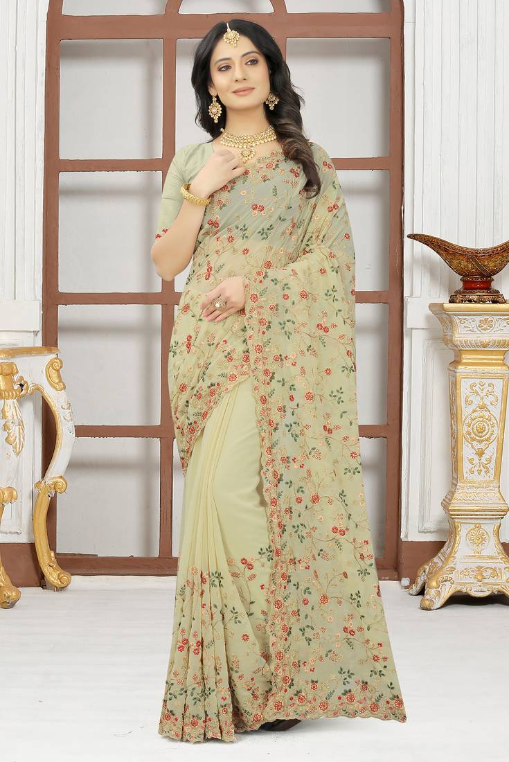 Beige sequin zari resham embroidered work georgette designer saree for women