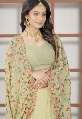 Beige sequin zari resham embroidered work georgette designer saree for women 2