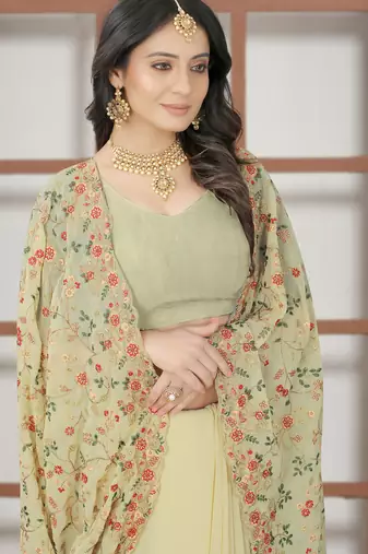Beige sequin zari resham embroidered work georgette designer saree for women