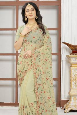 Beige sequin zari resham embroidered work georgette designer saree for women 3