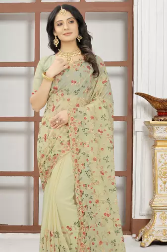Beige sequin zari resham embroidered work georgette designer saree for women