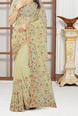 Beige sequin zari resham embroidered work georgette designer saree for women 4