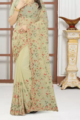 Beige sequin zari resham embroidered work georgette designer saree for women