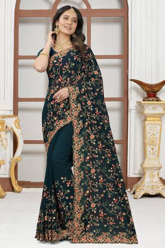 Teal blue sequin zari resham embroidered work georgette designer saree for women