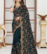 Teal blue sequin zari resham embroidered work georgette designer saree for women