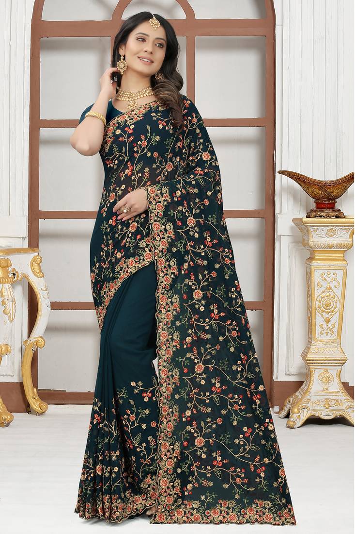 Teal blue sequin zari resham embroidered work georgette designer saree for women