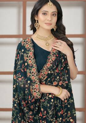 Teal blue sequin zari resham embroidered work georgette designer saree for women 2