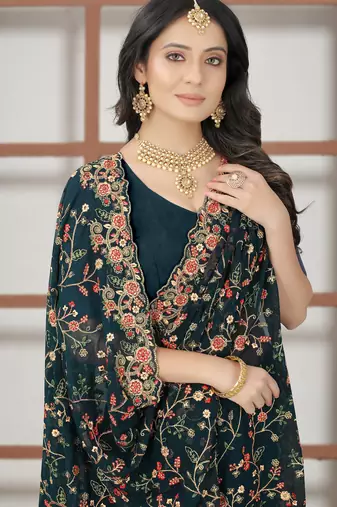 Teal blue sequin zari resham embroidered work georgette designer saree for women