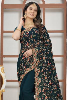 Teal blue sequin zari resham embroidered work georgette designer saree for women 3