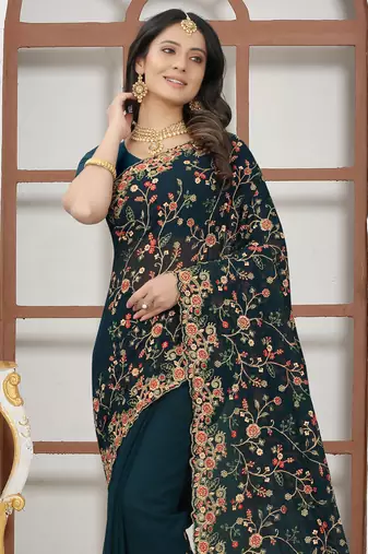 Teal blue sequin zari resham embroidered work georgette designer saree for women