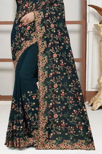 Teal blue sequin zari resham embroidered work georgette designer saree for women