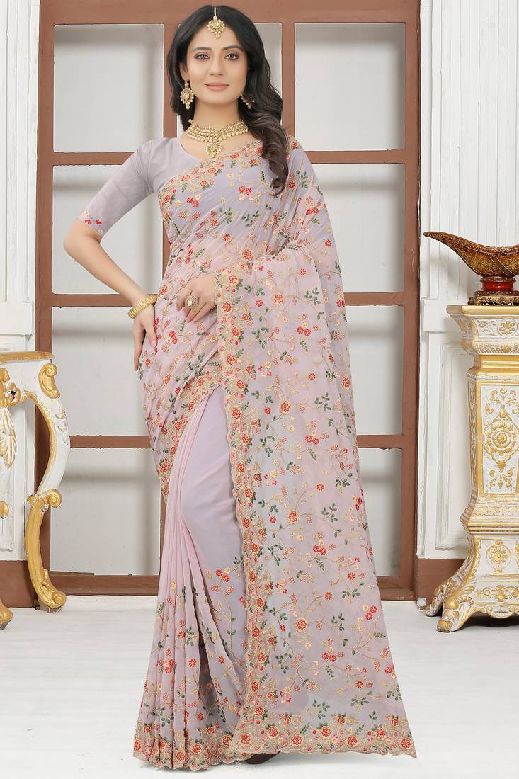 Lavender sequin zari resham embroidered work georgette designer saree for women