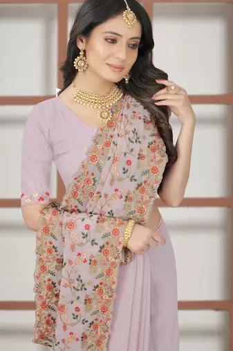 Lavender sequin zari resham embroidered work georgette designer saree for women