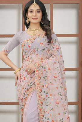 Lavender sequin zari resham embroidered work georgette designer saree for women 3