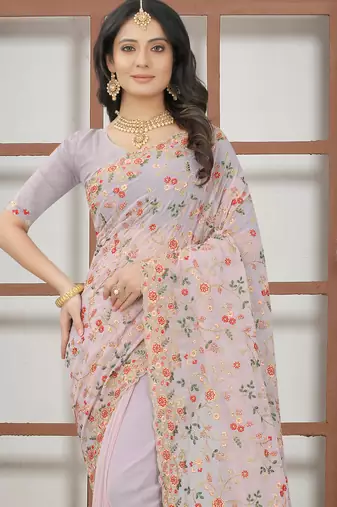 Lavender sequin zari resham embroidered work georgette designer saree for women