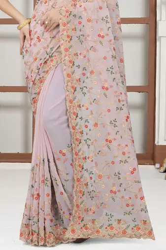 Lavender sequin zari resham embroidered work georgette designer saree for women
