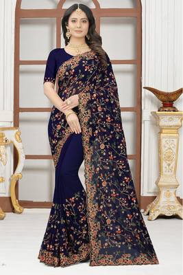 Navy blue sequin zari resham embroidered work georgette designer saree for women 1