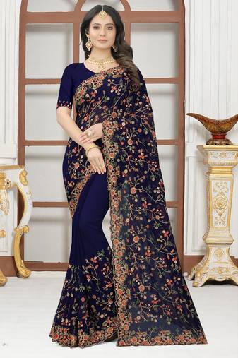 Navy blue sequin zari resham embroidered work georgette designer saree for women